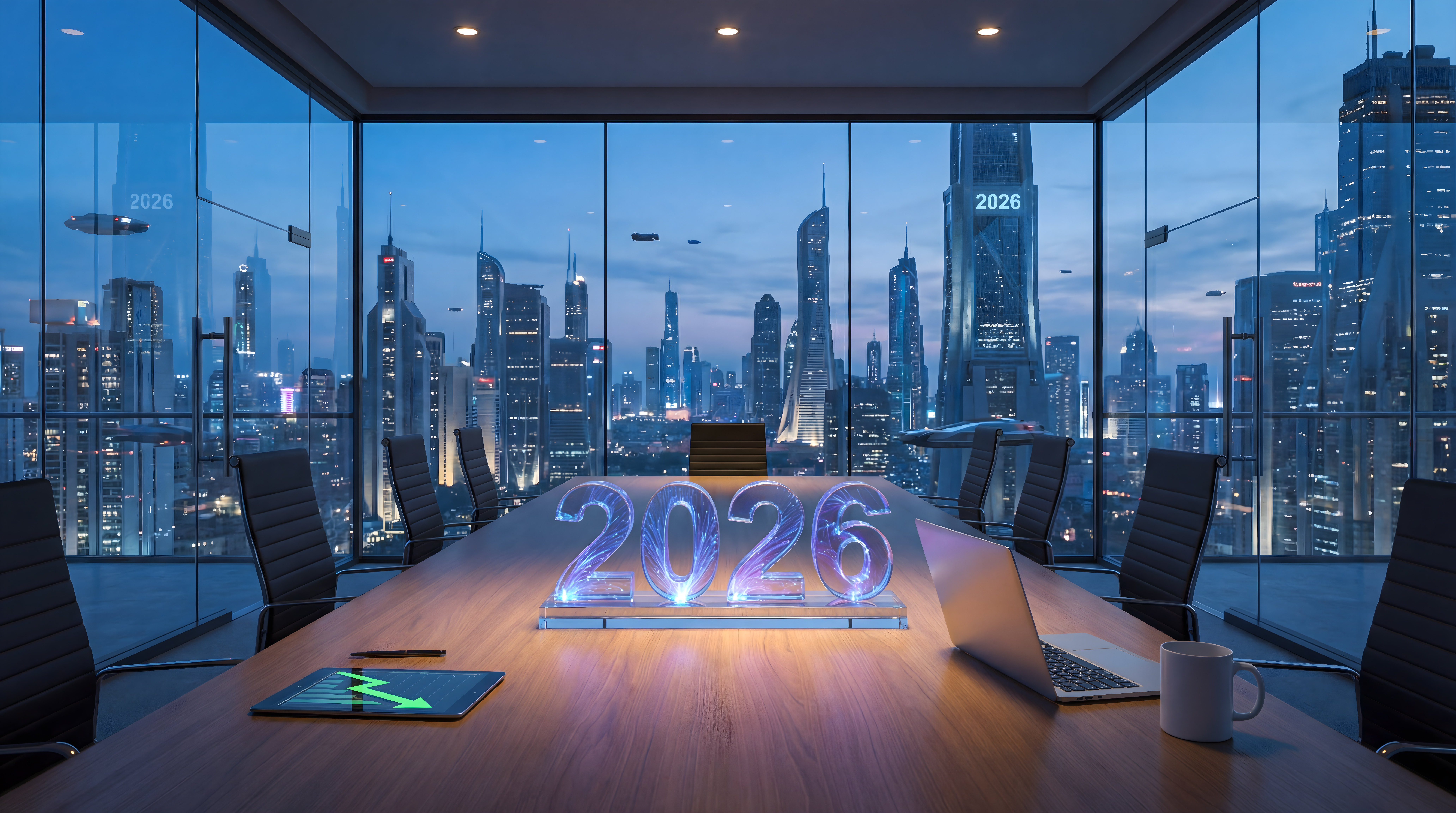 A sleek, modern boardroom overlooking a vibrant smart city at dusk, featuring a luminous 2026 hologram on the table. Represents strategic planning, global network expansion, and the future of business within a technologically advanced urban landscape.